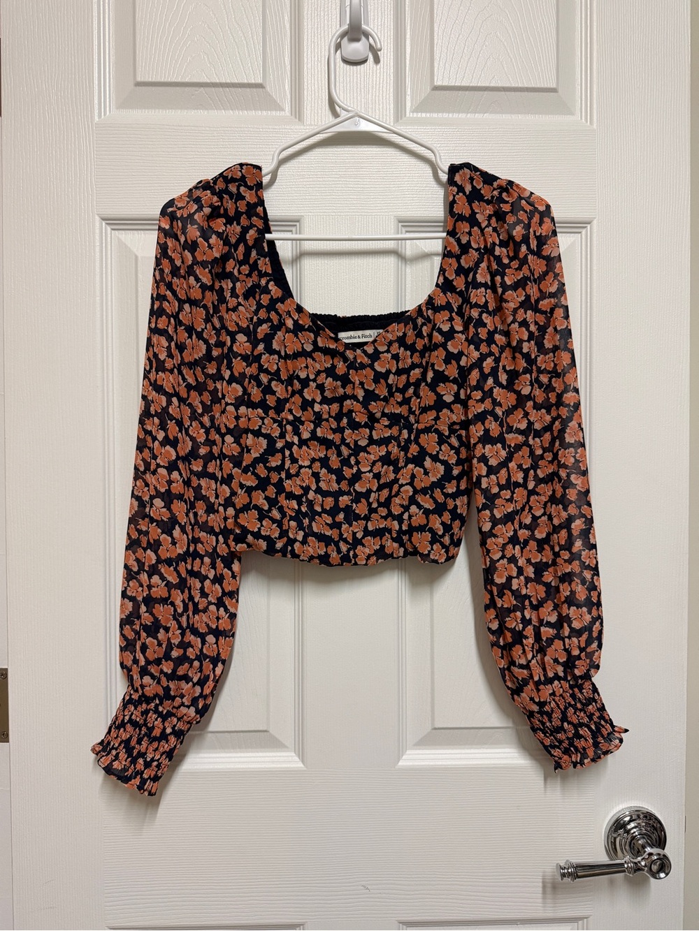 Abercrombie & Fitch Floral Smocked Long Sleeve Crop Top - Orange and Navy